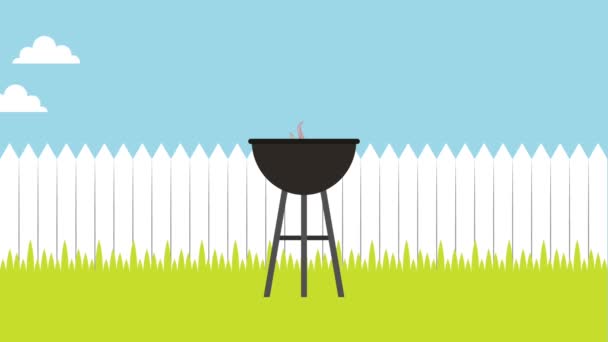 Barbecue grill in backyard wooden fence — Stock Video