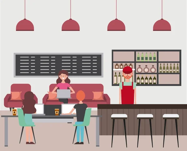 People interior coffee shop or bar restaurant — Stock Vector