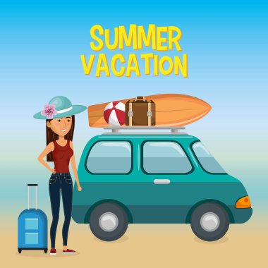 kız yaz tatil simgelerle Beach