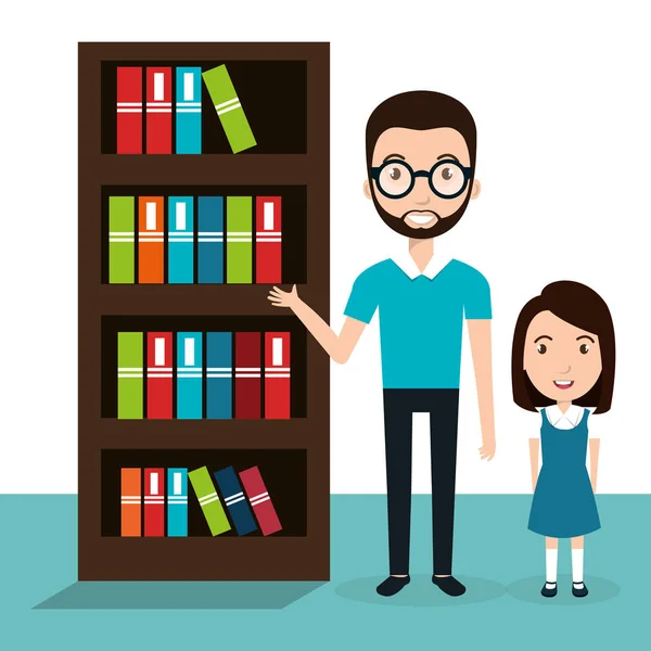 Meisje met leraar en bibliotheek — Stockvector