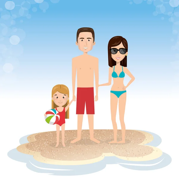 Οικογένεια στην παραλία τις καλοκαιρινές διακοπές — Διανυσματικό Αρχείο