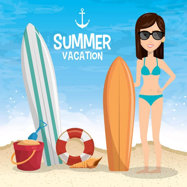 Mädchen am Strand mit Sommerurlaub-Ikonen — Stockvektor