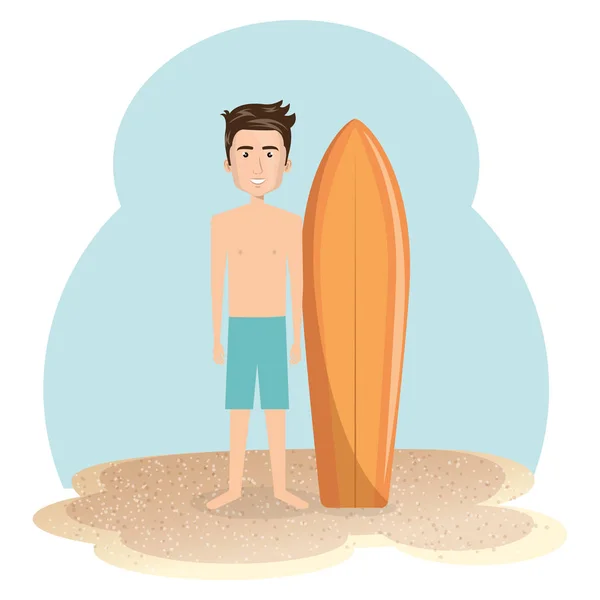 Jovem na praia com prancha de surf — Vetor de Stock
