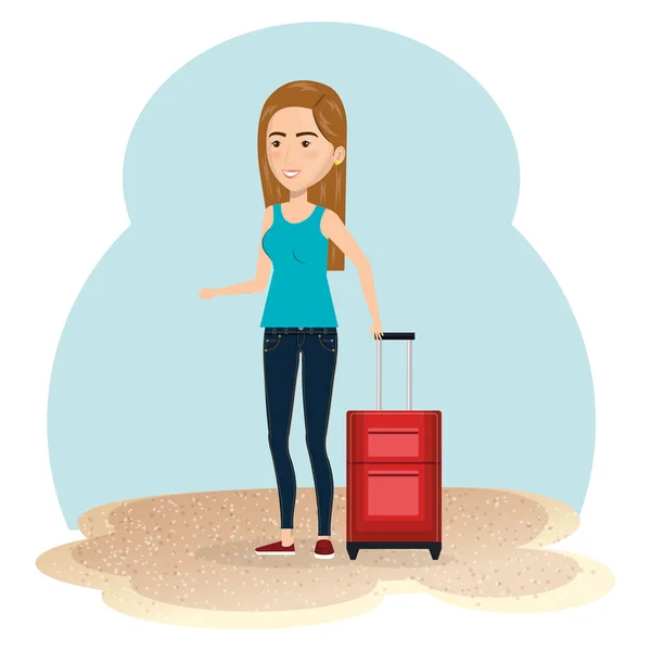 Mujer joven en la playa con maleta — Vector de stock