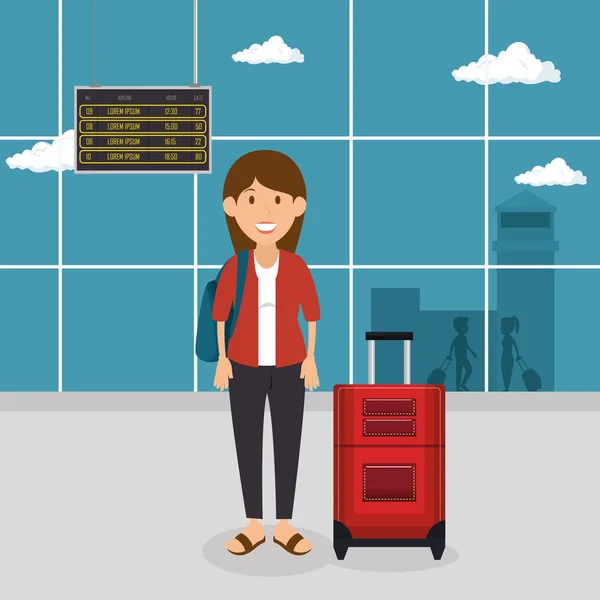 Toeristische vrouw met koffer in de luchthaven — Stockvector