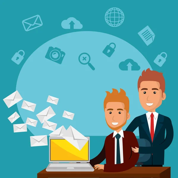 Biznesmeni w biurze z e-mail marketingu ikony — Wektor stockowy