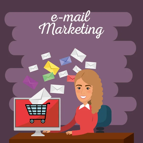 Geschäftsfrau im Büro mit E-Mail-Marketing-Ikonen — Stockvektor