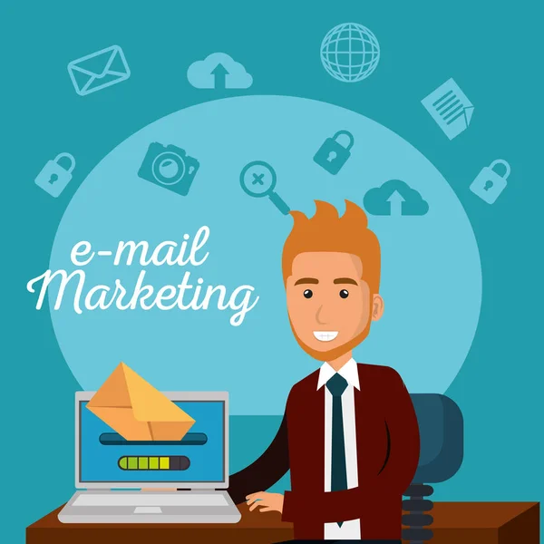 Uomo d'affari in ufficio con icone di e-mail marketing — Vettoriale Stock