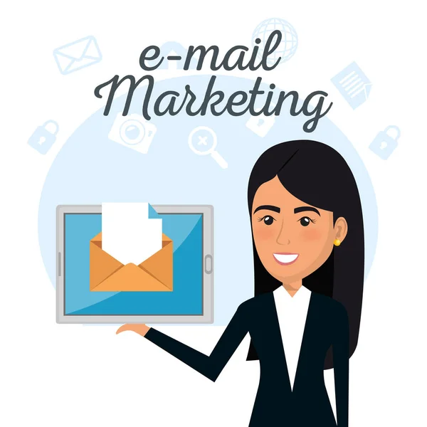 Obchodnice s e-mailové marketingové ikony — Stockový vektor