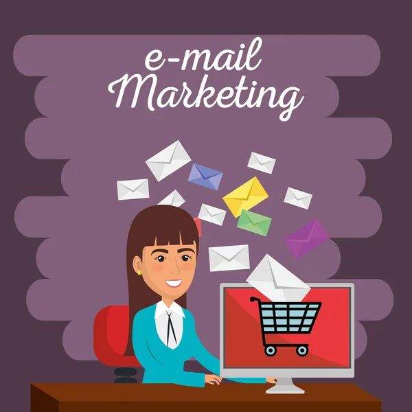 Empresária no escritório com ícones de e-mail marketing —  Vetores de Stock