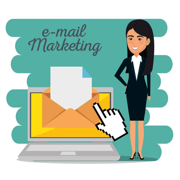 Mujer de negocios con iconos de marketing por correo electrónico — Vector de stock