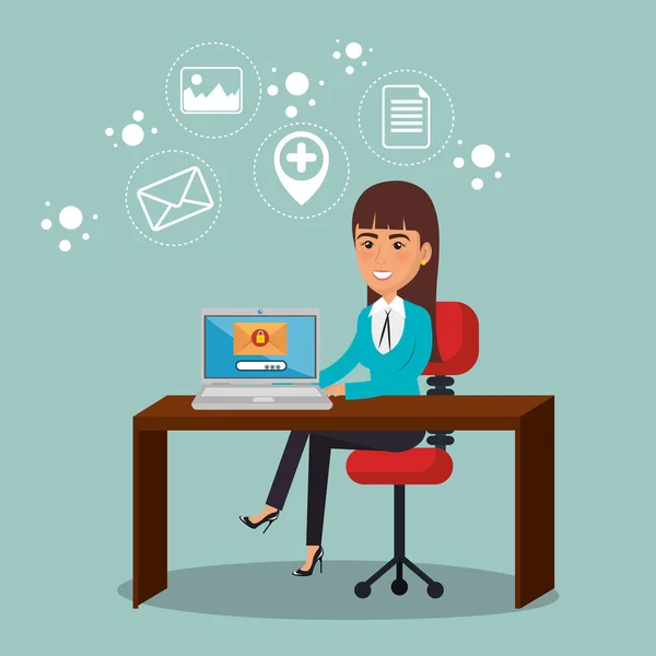 Affärskvinna på kontoret med e-post marknadsföring ikoner — Stock vektor