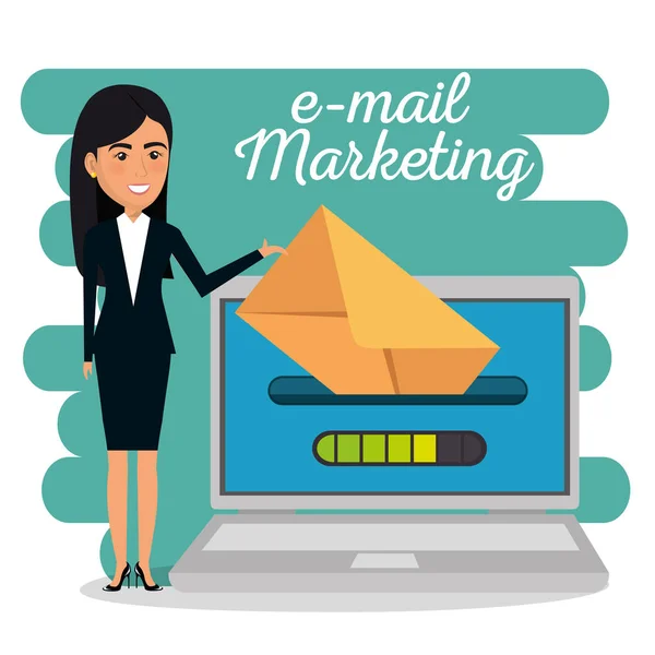 Mujer de negocios con iconos de marketing por correo electrónico — Vector de stock