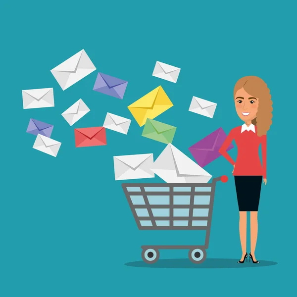 Femme d'affaires avec e-mail icônes marketing — Image vectorielle