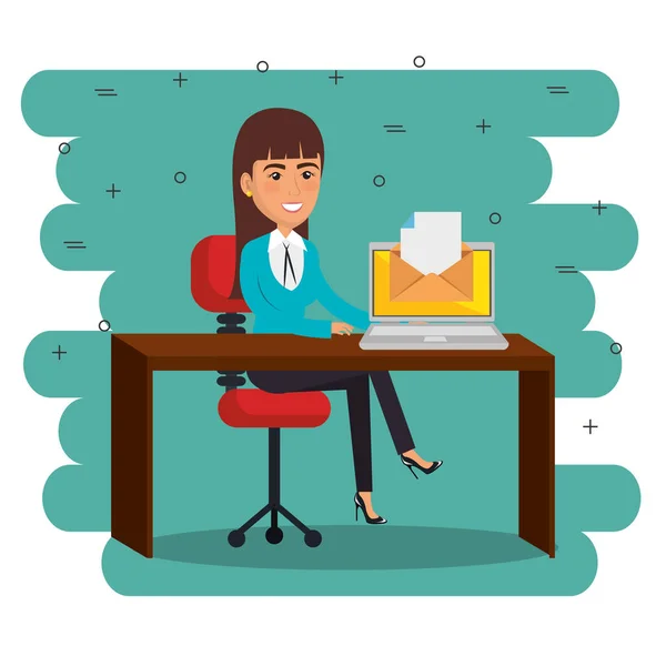Zakenvrouw in het kantoor met e-mail marketing pictogrammen — Stockvector