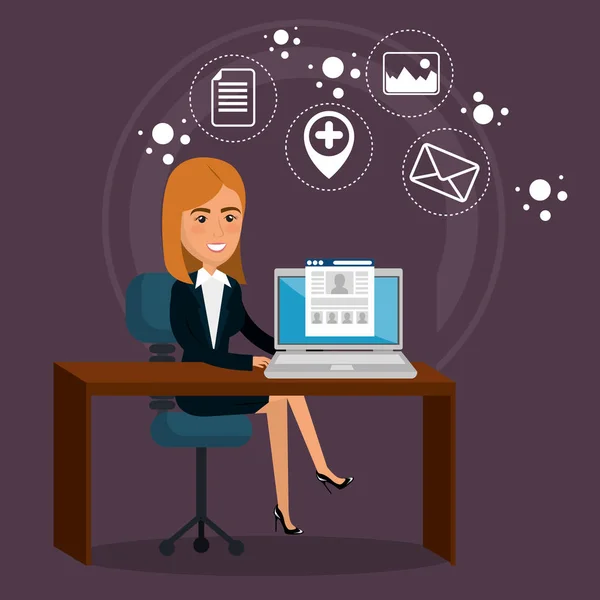 Businesswoman in the office with e-mail marketing icons — Stock Vector