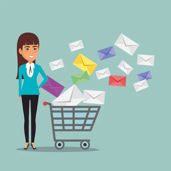 Femme d'affaires avec e-mail icônes marketing — Image vectorielle