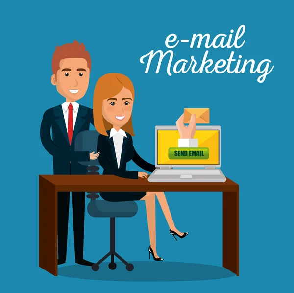 Empresarios en la oficina con iconos de marketing por correo electrónico — Vector de stock
