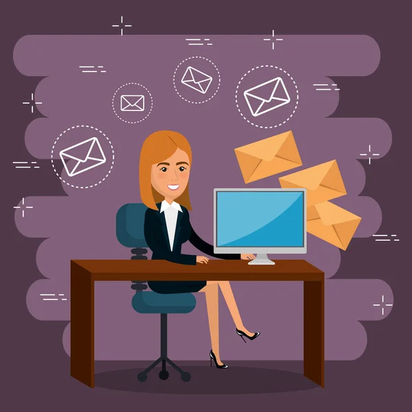 Affärskvinna på kontoret med e-post marknadsföring ikoner — Stock vektor