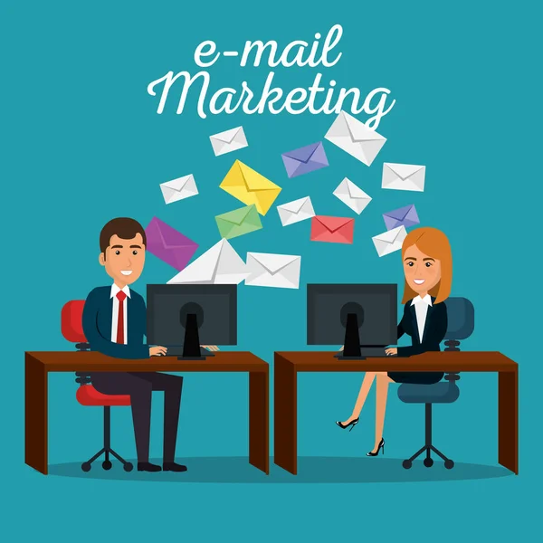 Imprenditori in ufficio con icone di e-mail marketing — Vettoriale Stock