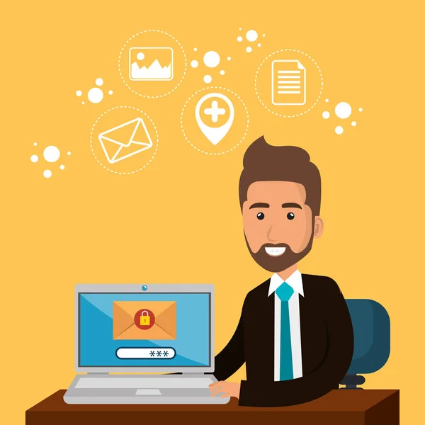 Empresário no escritório com ícones de e-mail marketing —  Vetores de Stock