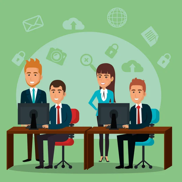 Empresários no escritório com ícones de e-mail marketing —  Vetores de Stock