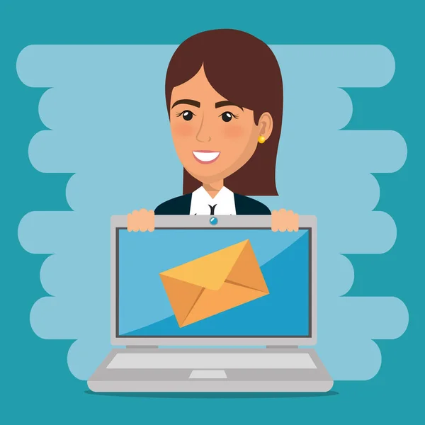 Business woman with e-mail marketing icons — стоковый вектор