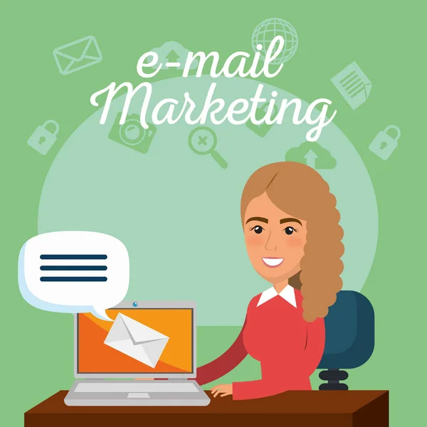 Mujer de negocios en la oficina con iconos de marketing por correo electrónico — Vector de stock