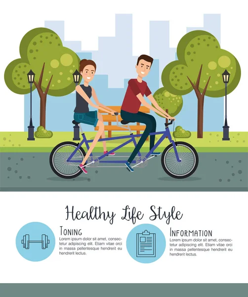 Pessoas em bicicleta com ícones de estilo de vida saudável — Vetor de Stock