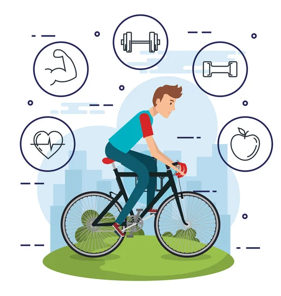 Человек на велосипеде с иконами здорового образа жизни — стоковый вектор