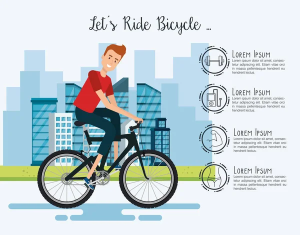 Ο άνθρωπος στο ποδήλατο με εικονίδια υγιεινού τρόπου ζωής — Διανυσματικό Αρχείο