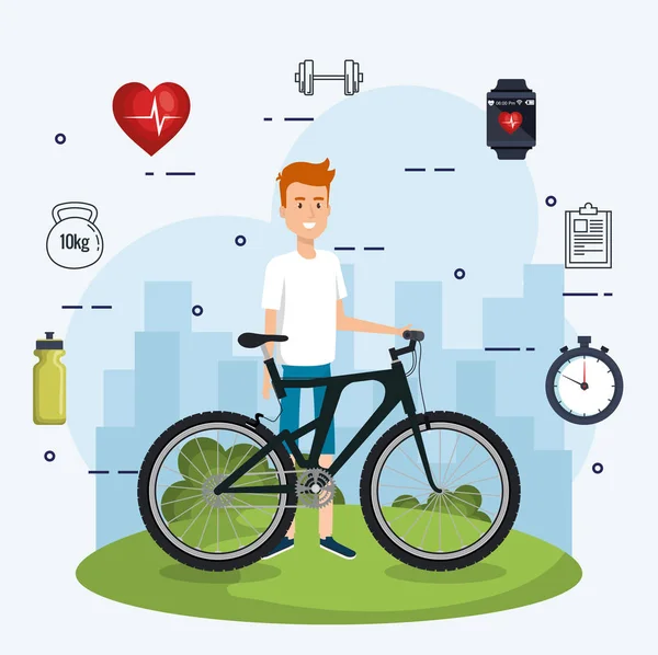 Mann im Fahrrad mit gesunden Lifestyle-Ikonen — Stockvektor