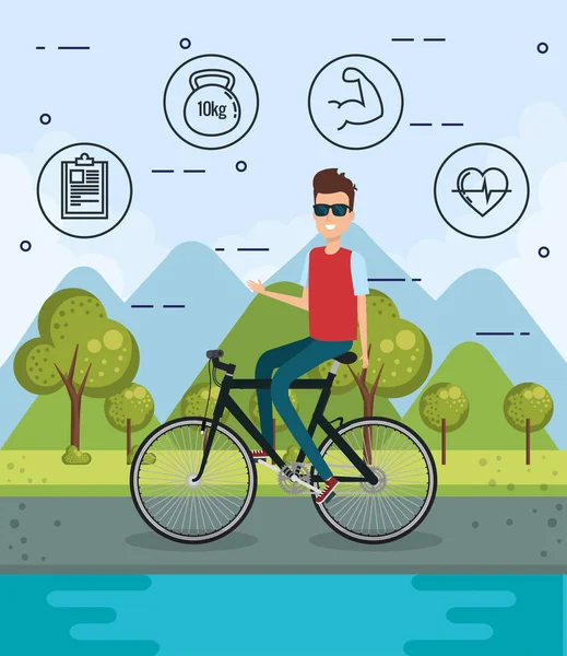 Homem de bicicleta com ícones de estilo de vida saudável — Vetor de Stock