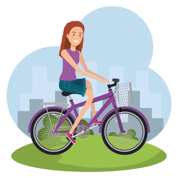 Mujer en bicicleta con iconos de estilo de vida saludable — Vector de stock