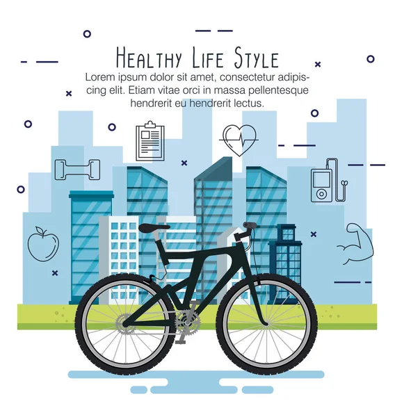 Bicycle with healthy lifestyle icons — Stock Vector