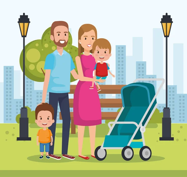 Cute family happy in the park characters — Stock Vector