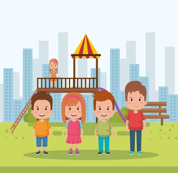 Группа детей в парке маленькие персонажи — стоковый вектор