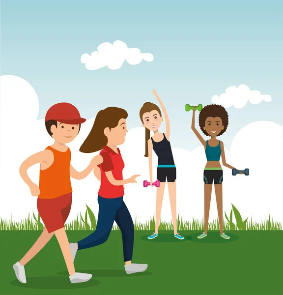 Αθλητική άνθρωποι εν ενεργεία άσκηση χαρακτήρες — Διανυσματικό Αρχείο