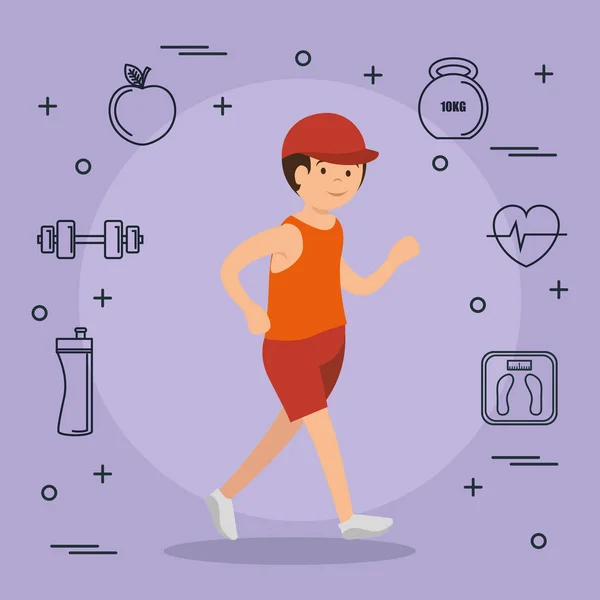 Hombre corriendo con los deportes conjunto de iconos — Vector de stock