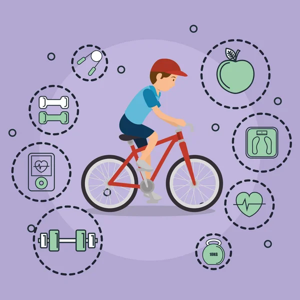Человек на велосипеде со спортивными иконами — стоковый вектор