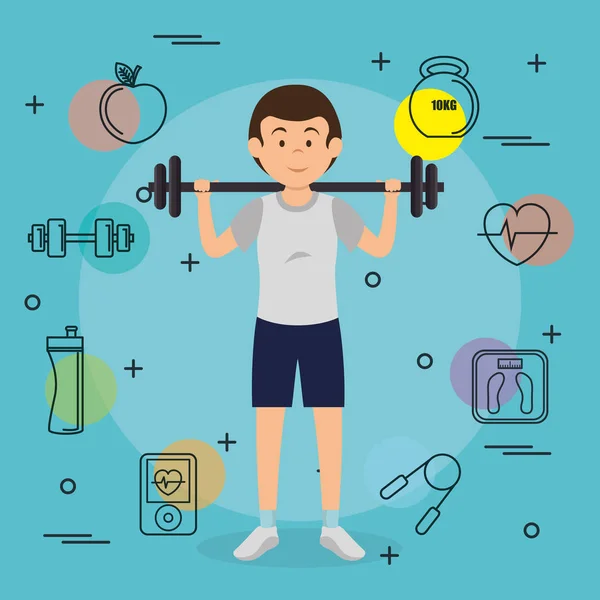 Man weight lifting with sports icons — Stock Vector