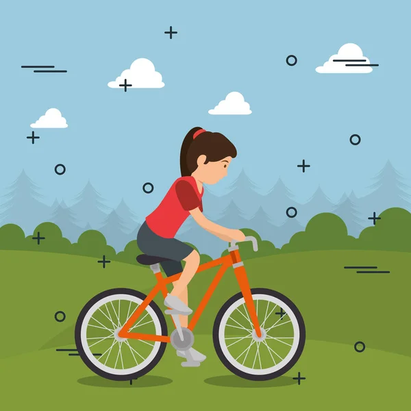 Mujer en bicicleta con iconos deportivos — Vector de stock