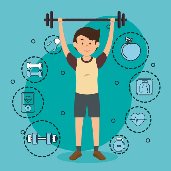 Man gewicht tillen met sport pictogrammen — Stockvector