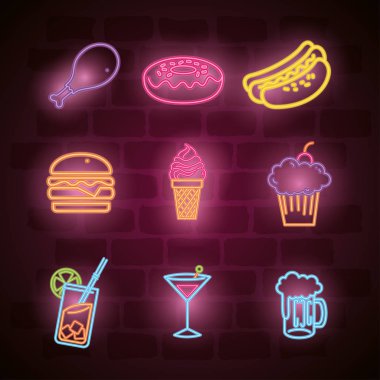 Fast food ve içecekler ile neon ışıkları kutsal kişilerin resmi