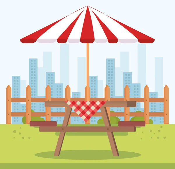 野餐桌与雨伞户外场面 — 图库矢量图片