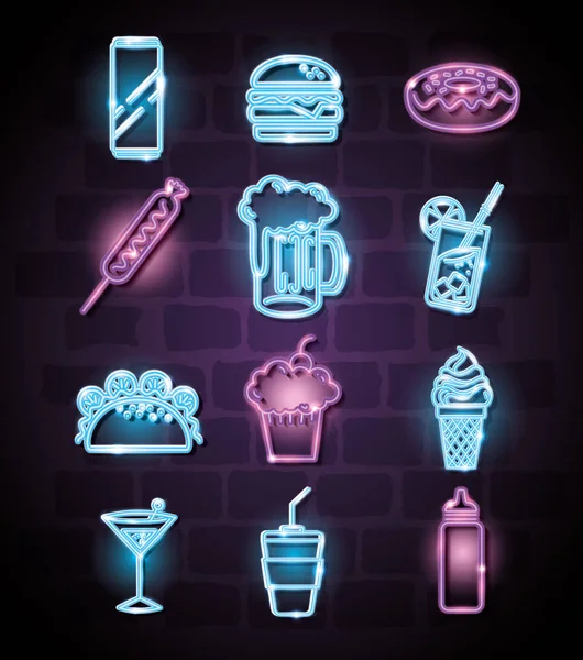 Fast Food und Getränke mit Neonlicht-Ikonen — Stockvektor