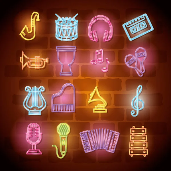 Neon ışıkları ile müzik aletleri Icons set — Stok Vektör