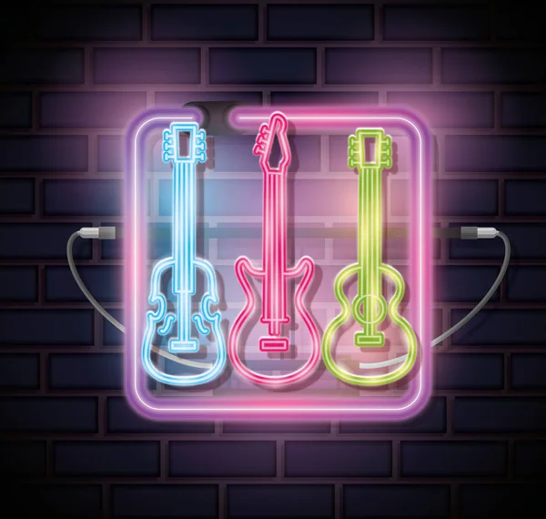 Neon ışıkları ile müzik aletleri Icons set — Stok Vektör