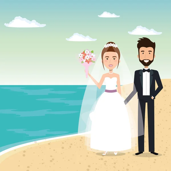 Apenas casal casado na praia —  Vetores de Stock