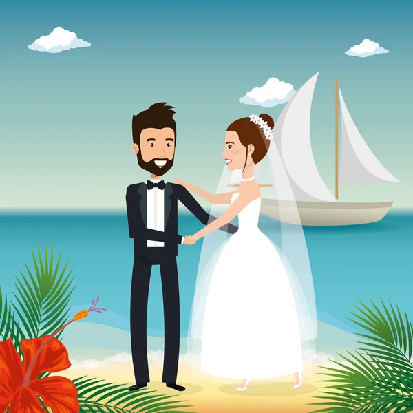 刚结婚的夫妇在海滩上 — 图库矢量图片